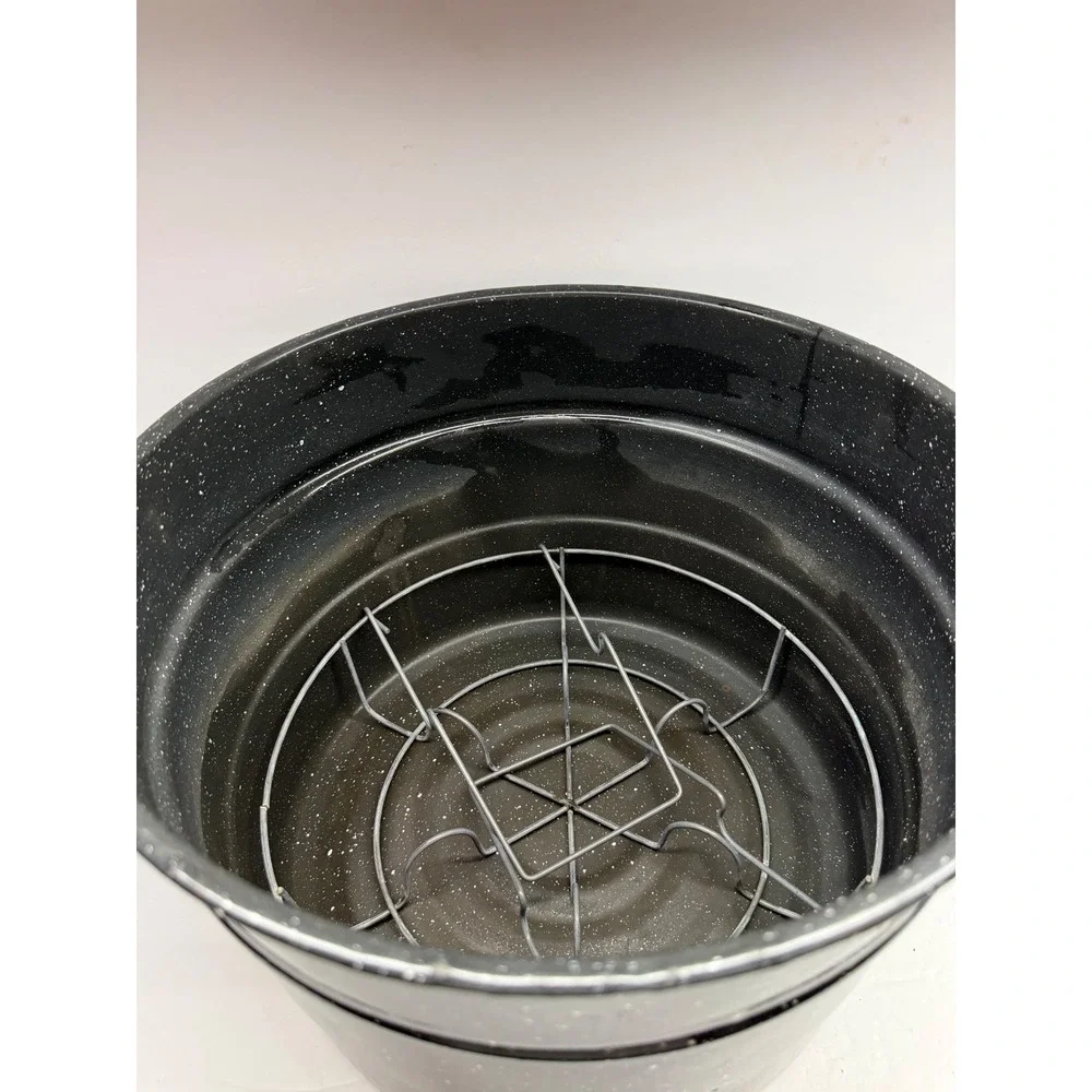 Granite Ware Black Speckled Enamel Canning Pot with Lid and Jar Rack Stockpot